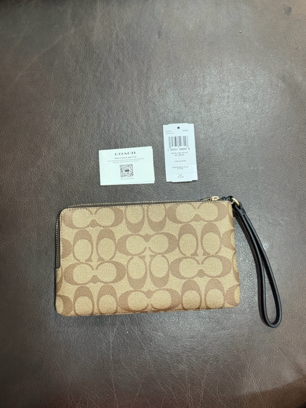 Coach Brown/Tan Signature Double Zip Wristlet with Gold Hardware - Picture 3 of 8